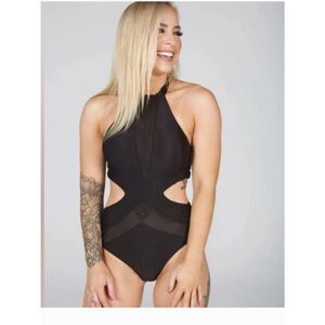 Tatiana Active Wear Black Halter Cutout Padded Polewear Bodysuit M NWT Alejandro